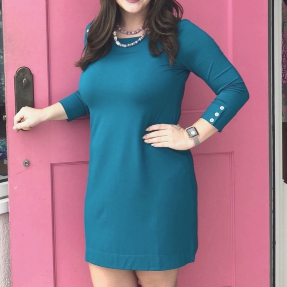 Lilly Pulitzer Women's UPF 50+ Teal Mini Dress Gold Buttom Detail Size Large - Picture 1 of 9